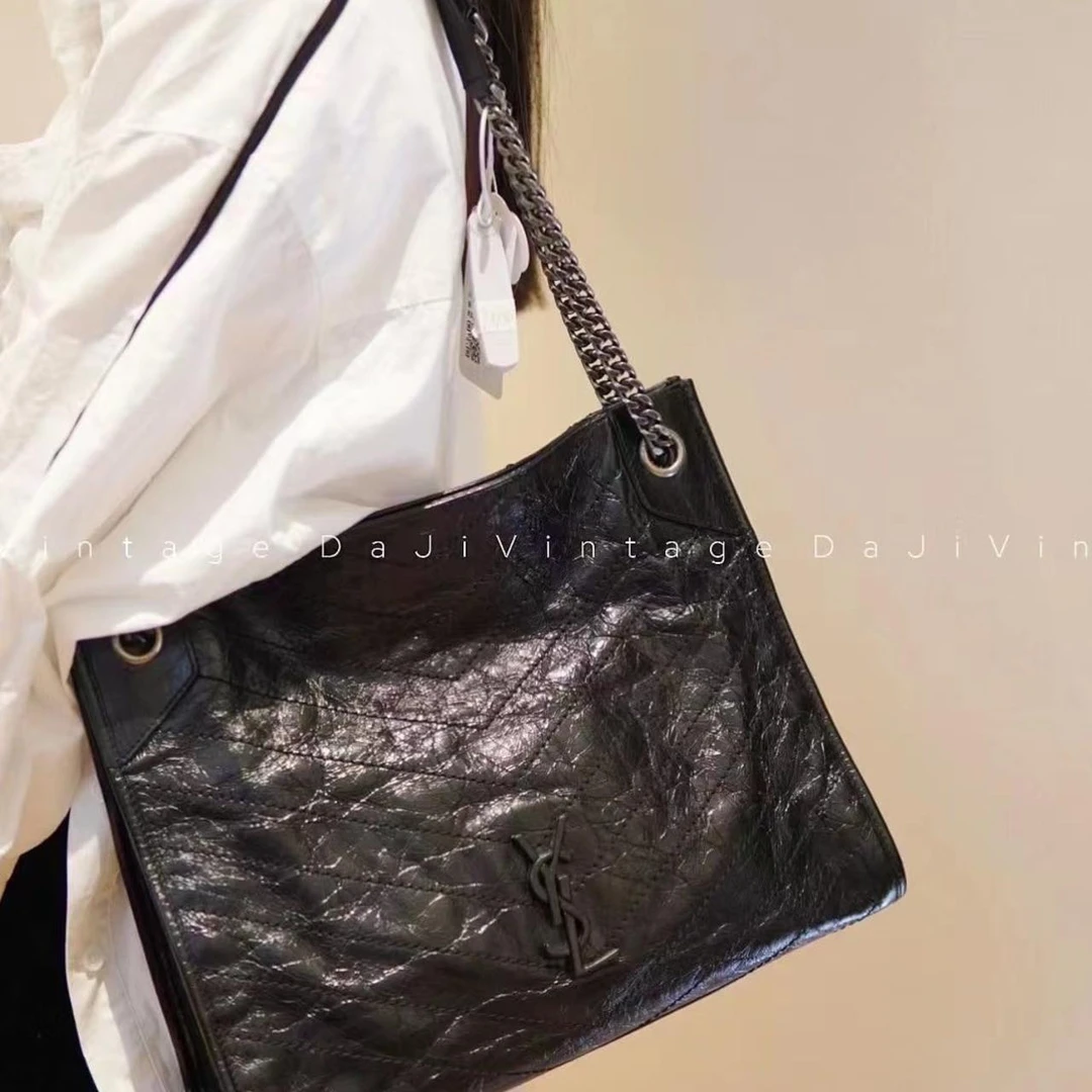 95新 YSL/圣罗兰 大吉中古/YSL中号黑银niki托特单肩包