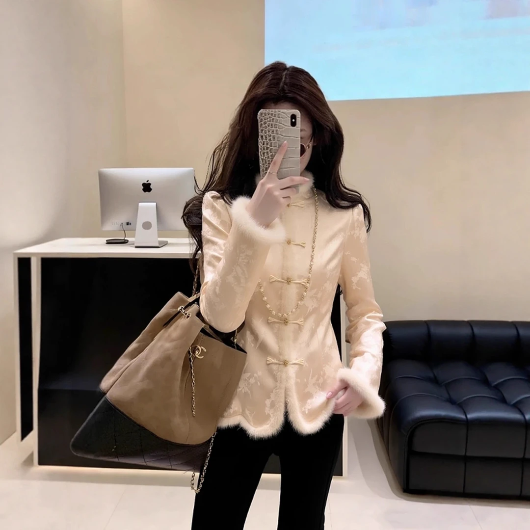 新中式香槟色提花衬衫女冬轻奢高级感巨好看内搭掐腰国风毛绒上衣