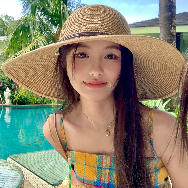 大帽檐遮阳草帽女2025年春新款海边沙滩防晒太阳帽可折叠休闲帽子