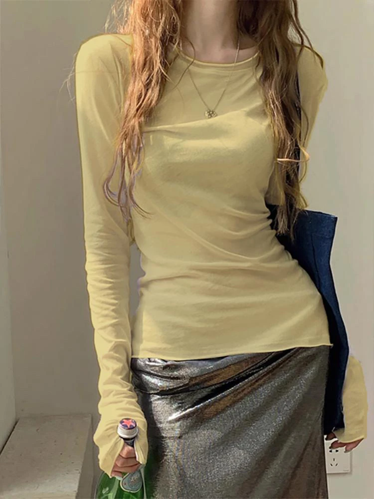 纯色秋季显瘦百搭长袖t恤韩版设计感多巴胺轻薄防晒衣修身打底衫