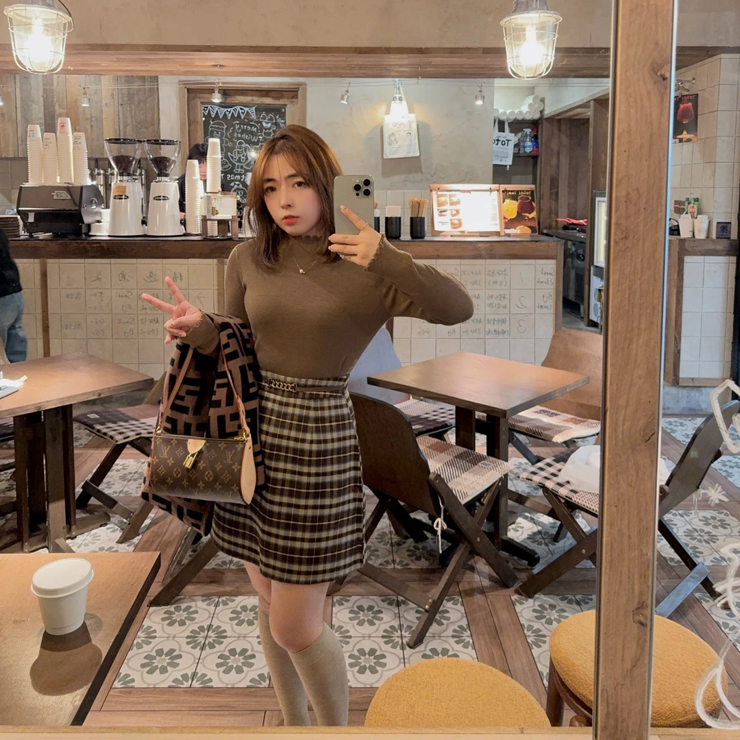 小个子高腰法式复古秋冬经典格子显瘦百褶半身裙A字裙