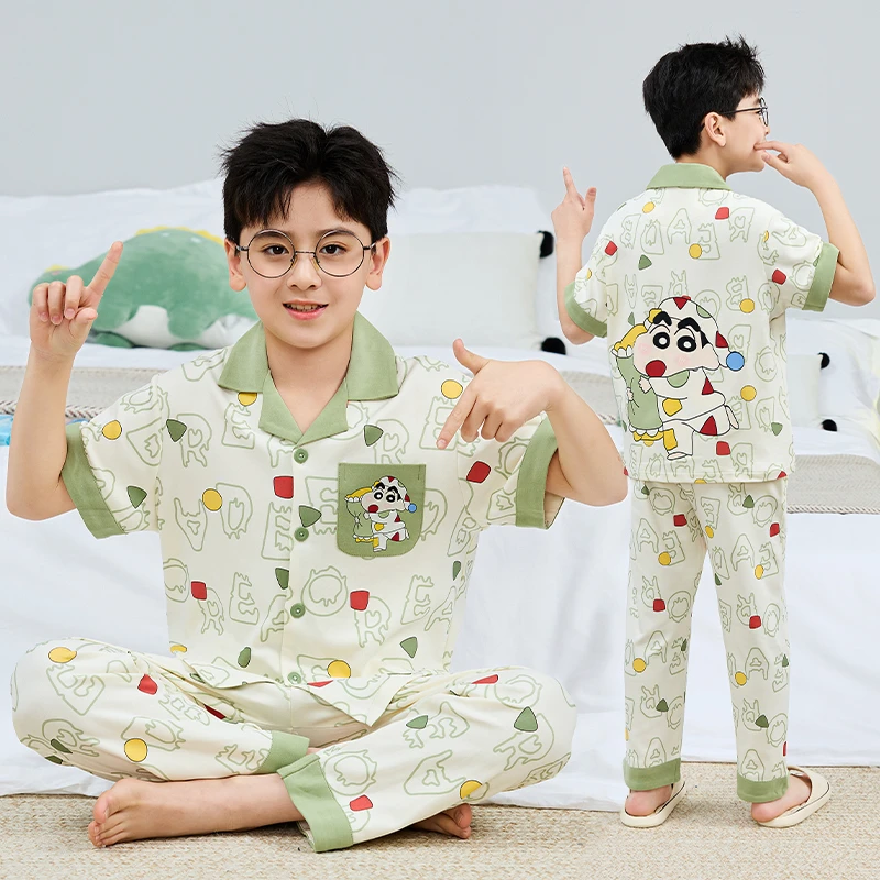 夏季双短袖男童睡衣薄款套装中大童男孩宽松透气夏天可外穿家居服