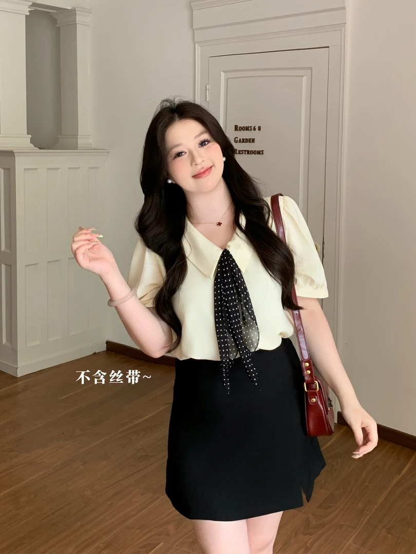 月半鱼现货【微风情书】法式娃娃领衬衫女夏季百搭气质修身短袖上衣