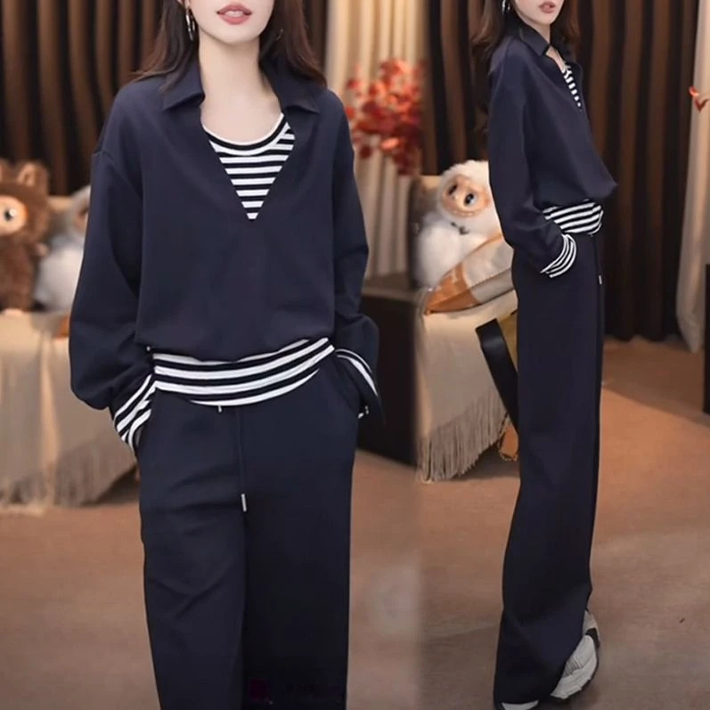 2025秋季新款时尚拼色长袖上衣+气质甜美纯色直筒休闲裤两件套女