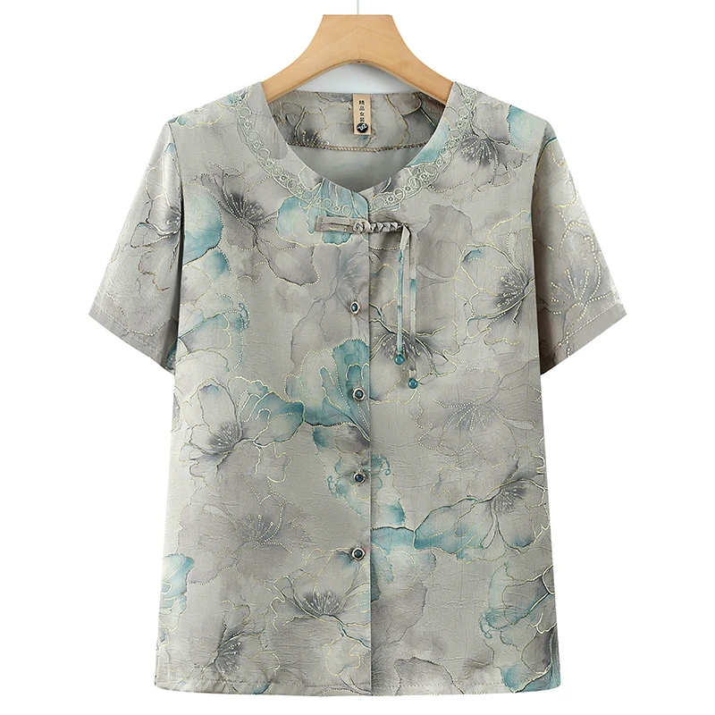 奶奶夏季上衣女洋气中老年人短袖衬衫老太太衣服中式国风小衫宽松