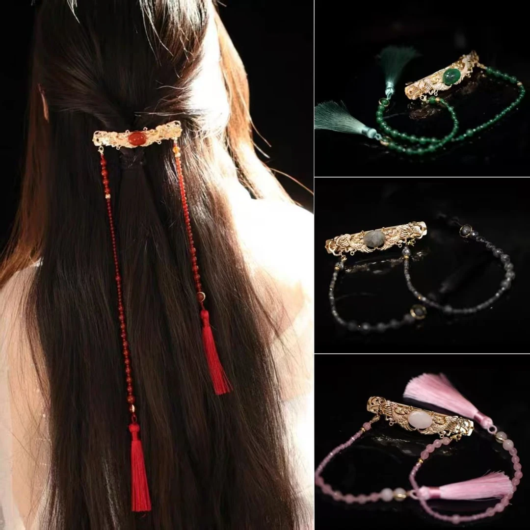 【红金之韵】新中式红色琉璃串珠长流苏发夹女古风喜庆汉服女配饰