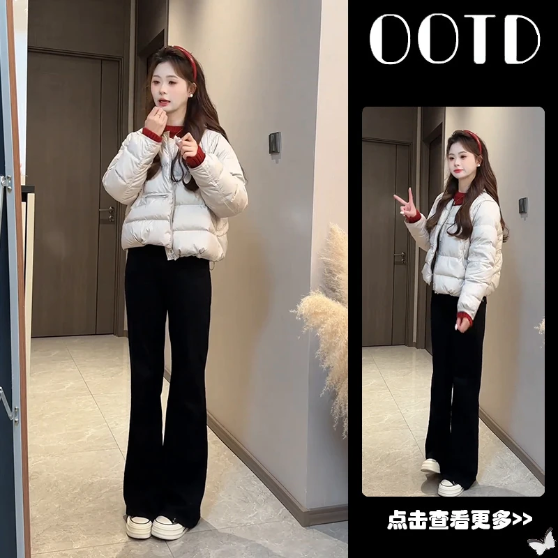 超火秋季穿搭一整套女2025新款圆领棉服外套针织衫休闲裤三件套