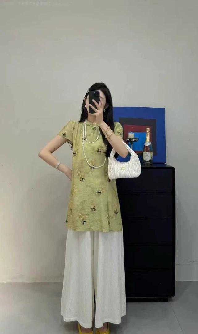 新中式盘扣旗袍上衣+阔腿裤两件套女欧货2025年夏季新款时尚套装