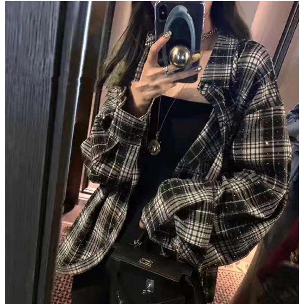 8811设计感镶钻格子衬衫女慵懒风宽松休闲长袖防晒衬衣上衣外套潮