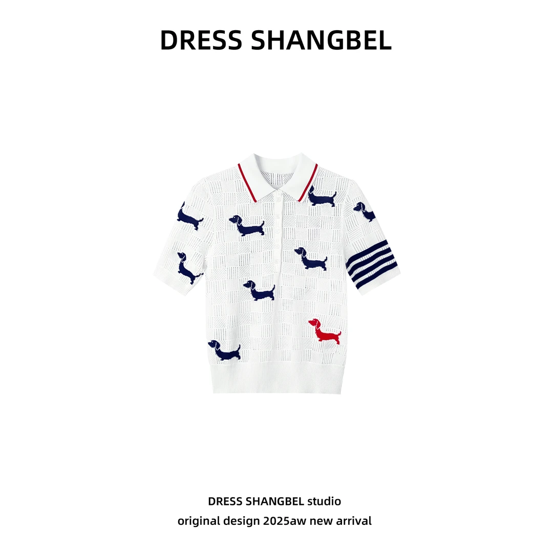 DRESS-夏新款C65设计感学院风小狗POLO领撞色镂空针织衫5262H