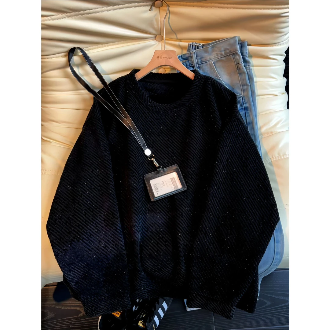 美式加绒圆领卫衣男款秋冬季千鸟格长袖T恤高级感打底衫重磅上衣