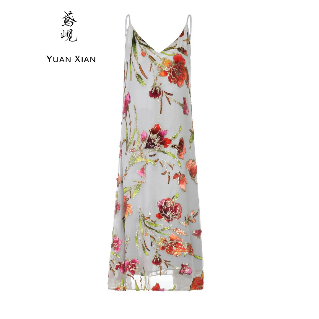 【鸢岘】步步生花-手绘花重工真丝吊带裙 YX05010113