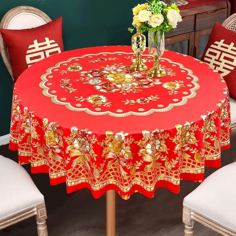 中国红喜庆圆桌布防水防油免洗加厚大圆桌餐桌罩酒店饭店家用台面