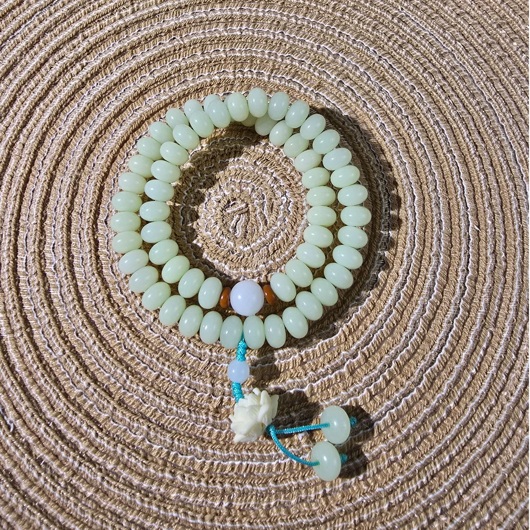 青青子衿 菩提算盘珠双圈手串念珠嫩绿菩提根6*9mm文玩珠串