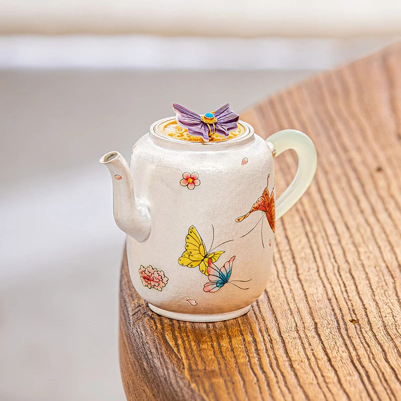 蜂鸟工坊 名匠优选 蝴蝶贝壳钮手绘蝴蝶桶形弯嘴小壶 MJYXA11319