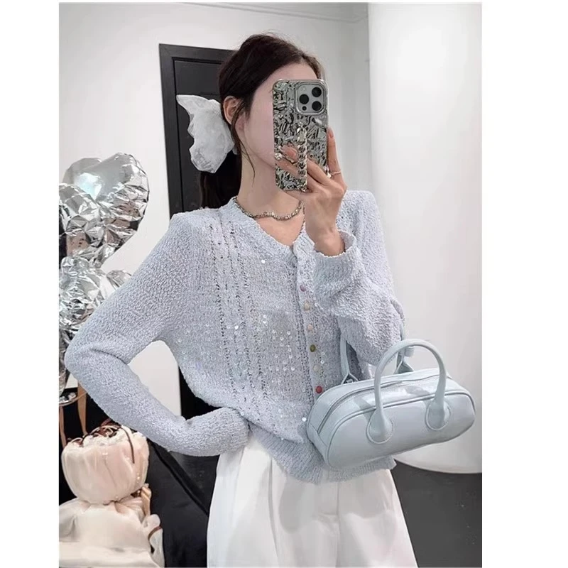 开春穿搭2025高级感轻奢亮片针织开衫女士小个子薄款外套漂亮上衣