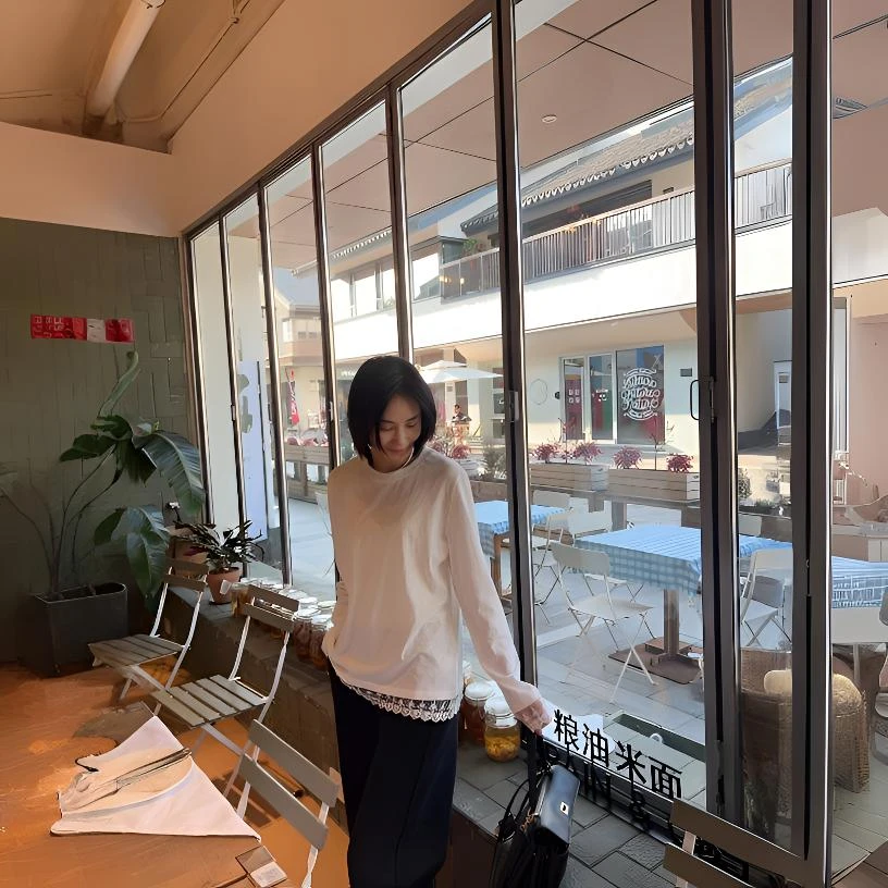 晓夏自制 "花影蕾丝" 云朵舒适透气宽松显瘦休闲百搭长袖打底T恤