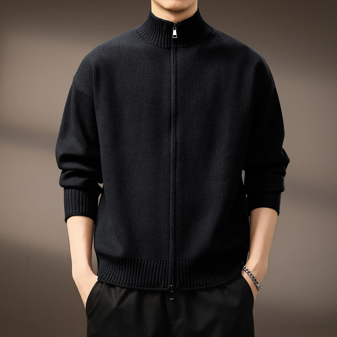 高端老钱风开衫立领针织衫外套男士冬季新款拉链毛衣休闲百搭夹克