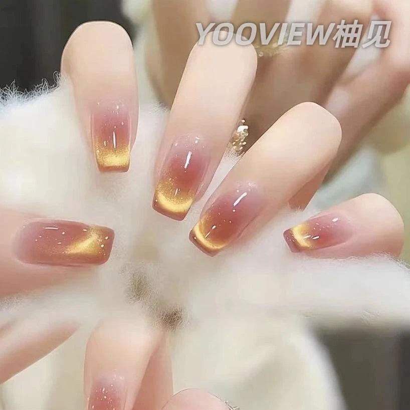 高级感穿戴甲【落日晚霞】春夏裸色多巴胺黄色猫眼纯手工流行高