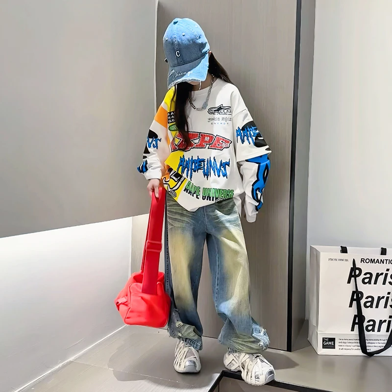 女童春款套装2025新款中大童潮T恤上衣女孩洋气老爹牛仔裤两件套