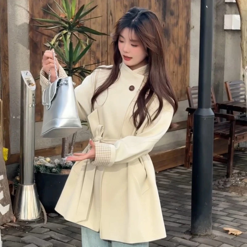 立领长袖风衣外套女2025新款秋季新款气质收腰系带上衣高级感大衣
