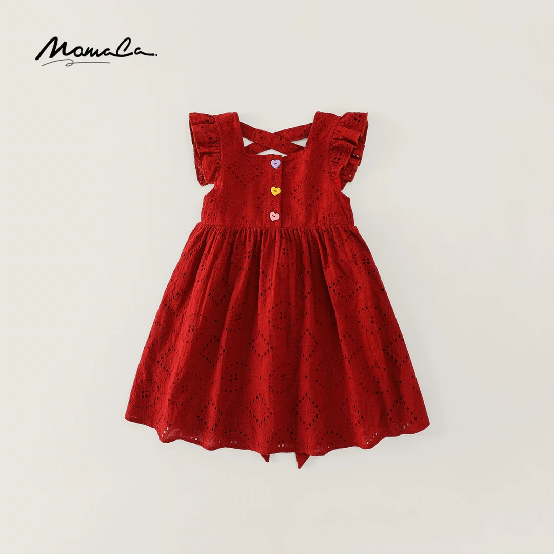 MOMOCO女童夏季2025款甜美后背蝴蝶结镂空红色连衣裙77630476124