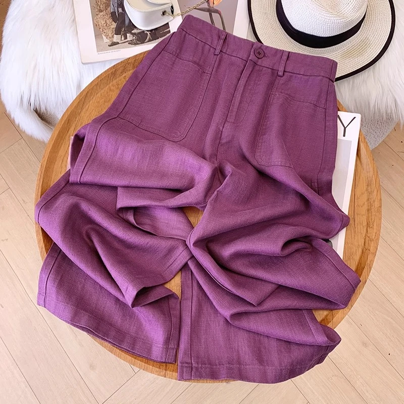 紫色天丝亚麻阔腿裤女夏季薄款2025新款高腰冰丝垂坠感显瘦直筒裤