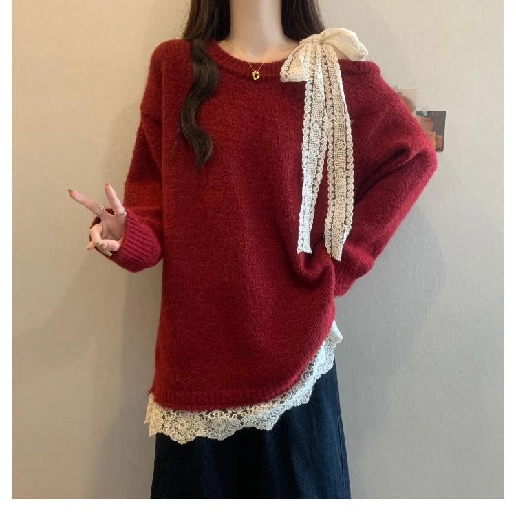 红色宽松套头毛衣女加厚中长款遮屁股洋气上衣慵懒风高级感本命年