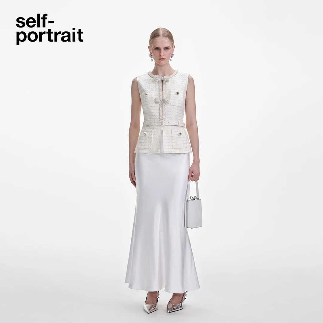 self-portrait 2025春夏新款白假两件小香风粗花呢缎面连衣裙