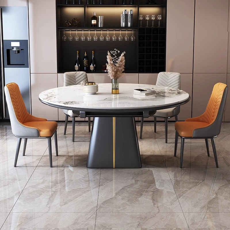 餐桌家用岩板餐桌带转盘小户型可折叠伸缩方圆两用暖菜板火锅餐桌