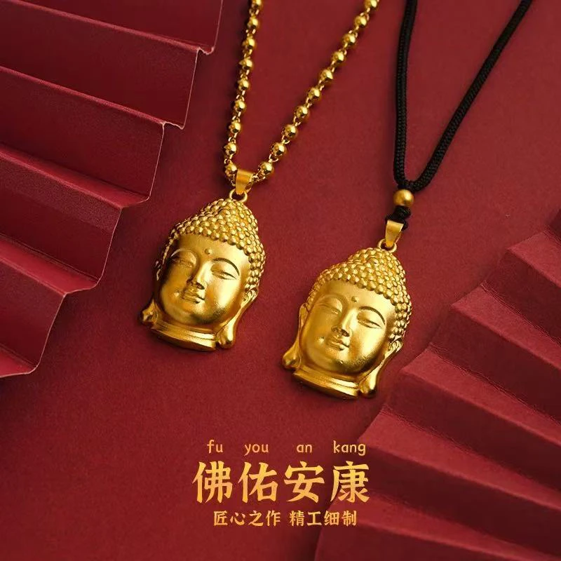 合金吊坠 民族风佛头项链百搭金黄色佛公圆珠链子吊坠配饰新品