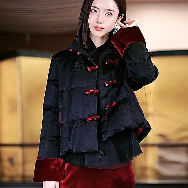复古日记“秦风”中式亚麻提花丝绒90白鹅绒立领羽绒外套女24HR279