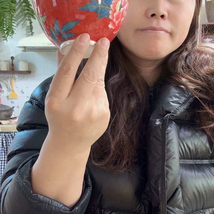 留***芬骨瓷红色花鸟饭碗微瑕