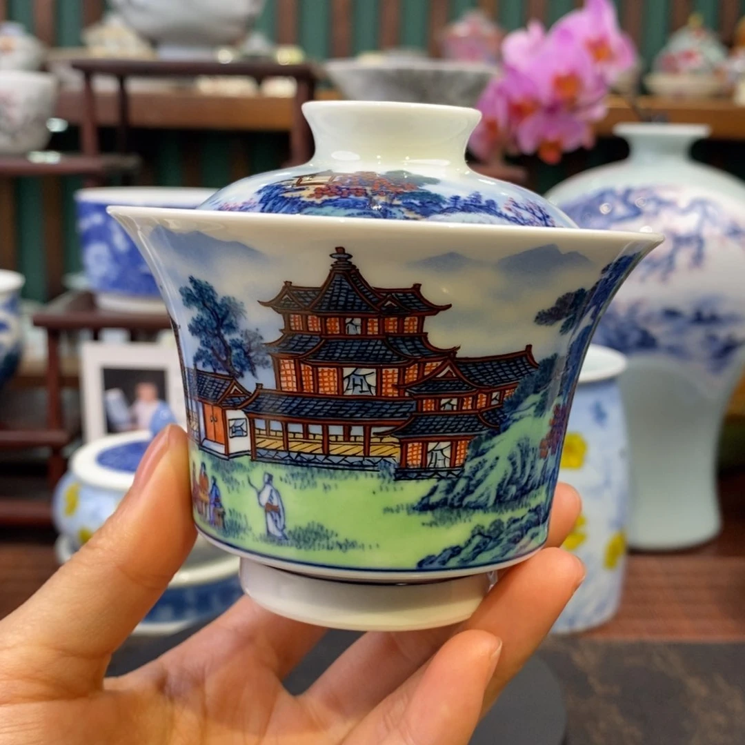 清三彩青山水钰亭盖碗