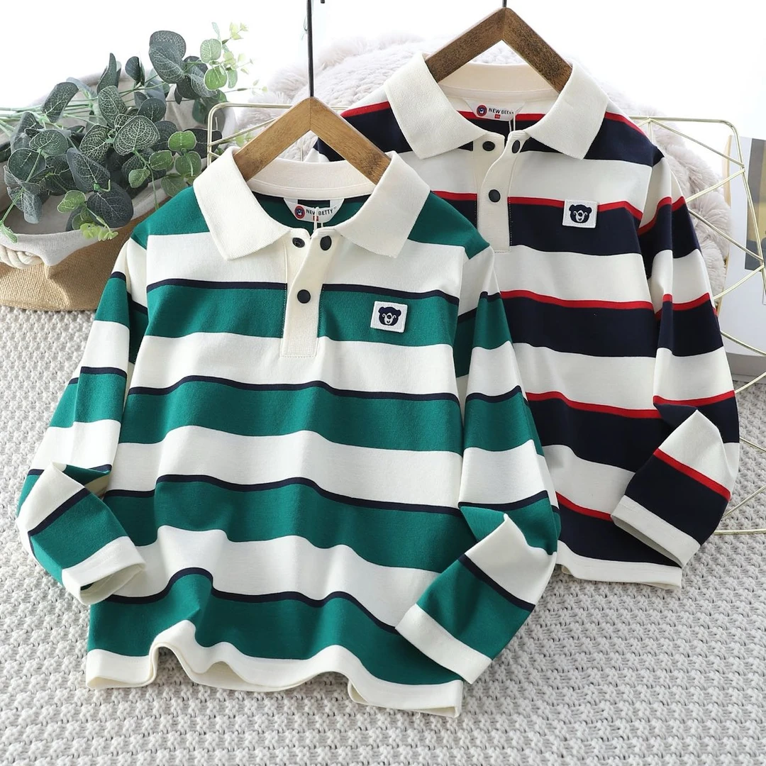 肉肉家-【宽条纹Polo衫】儿童春季宽松韩系长袖翻领T恤上衣