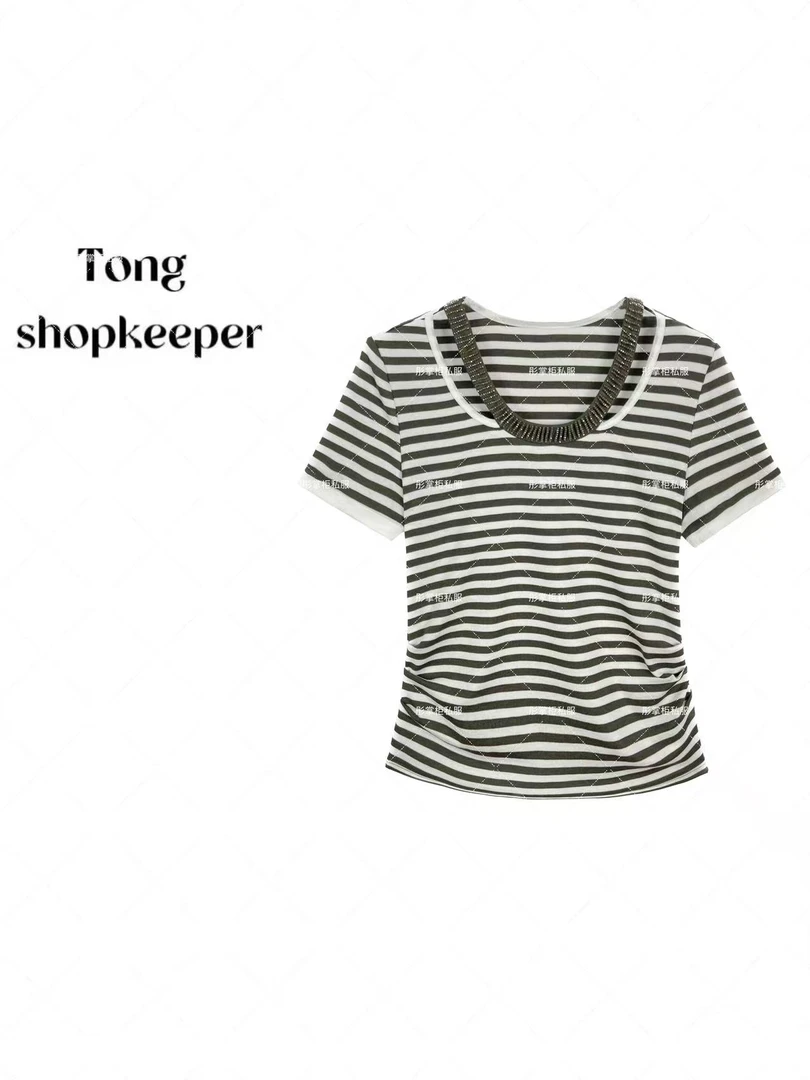 QJ/彤掌柜1682072 夏款2025秀款镶钻领设计天丝羊毛时尚条纹上衣