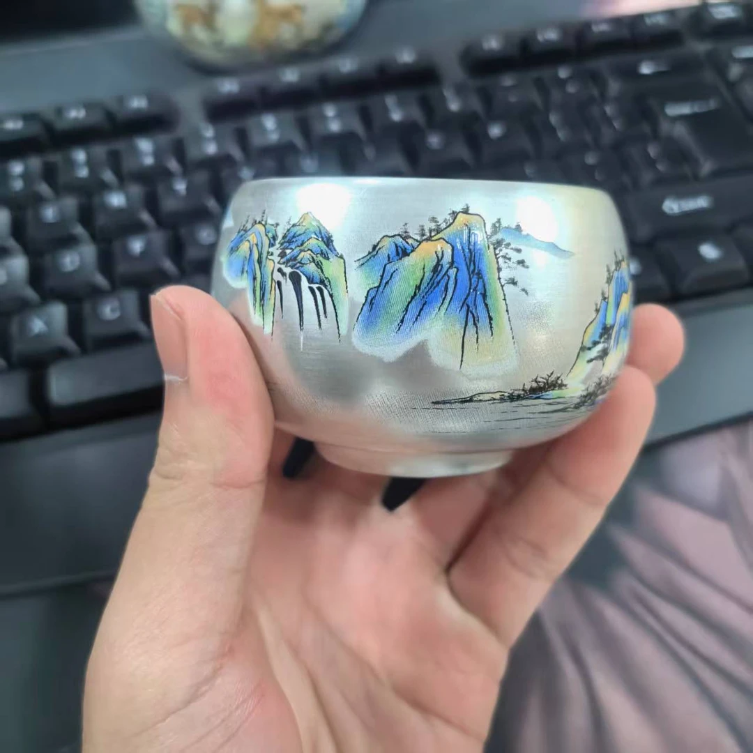 B1070千里江山银杯999银圆口杯茶杯XC0002A