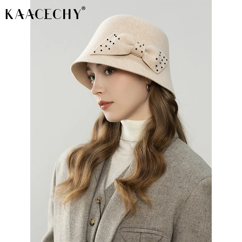 复古羊毛渔夫帽子女2025新款时尚优雅蝴蝶结装饰百搭保暖防寒盆帽