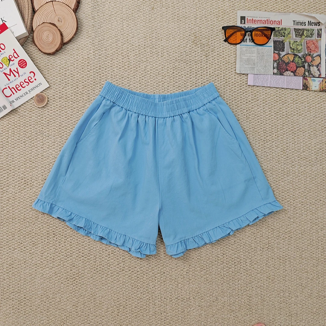 2025夏季新款休闲百搭纯色花边短裤3291