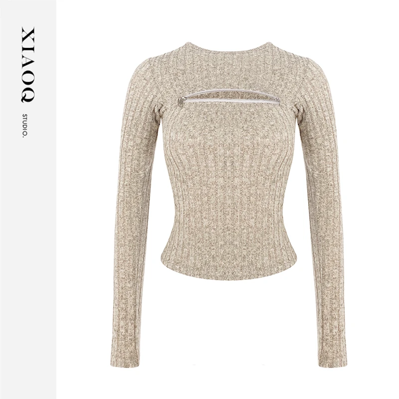 XIAOQ「一糯千金」少女感柔软拉链长袖圆领针织打底显瘦上衣12343T