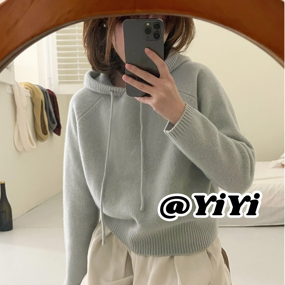 【YIYI】净版帽衫~秋冬新款全羊毛加厚纯色百搭针织帽衫