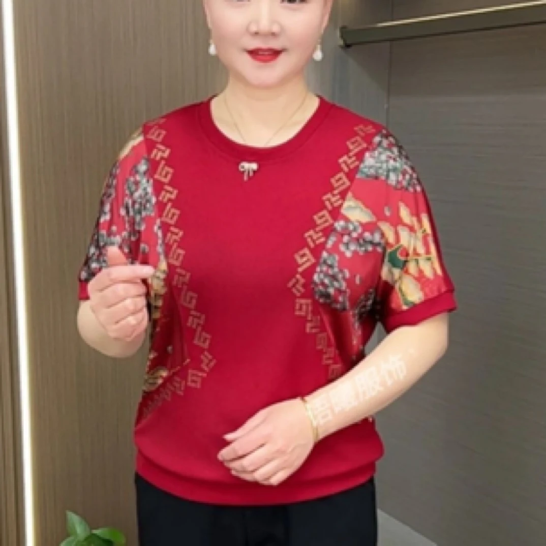 拼接圆领烫钻中老年女装短袖上衣宽松显瘦洋气妈妈装夏季新款