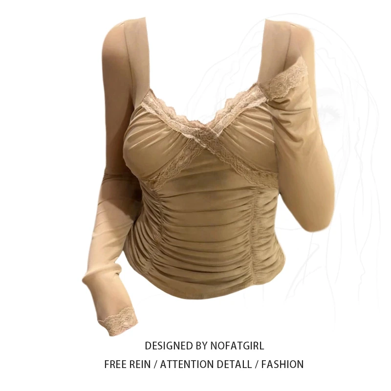 大码胖MM纯欲风V领蕾丝拼接针织衫女秋冬新款褶皱磨毛打底衫上衣