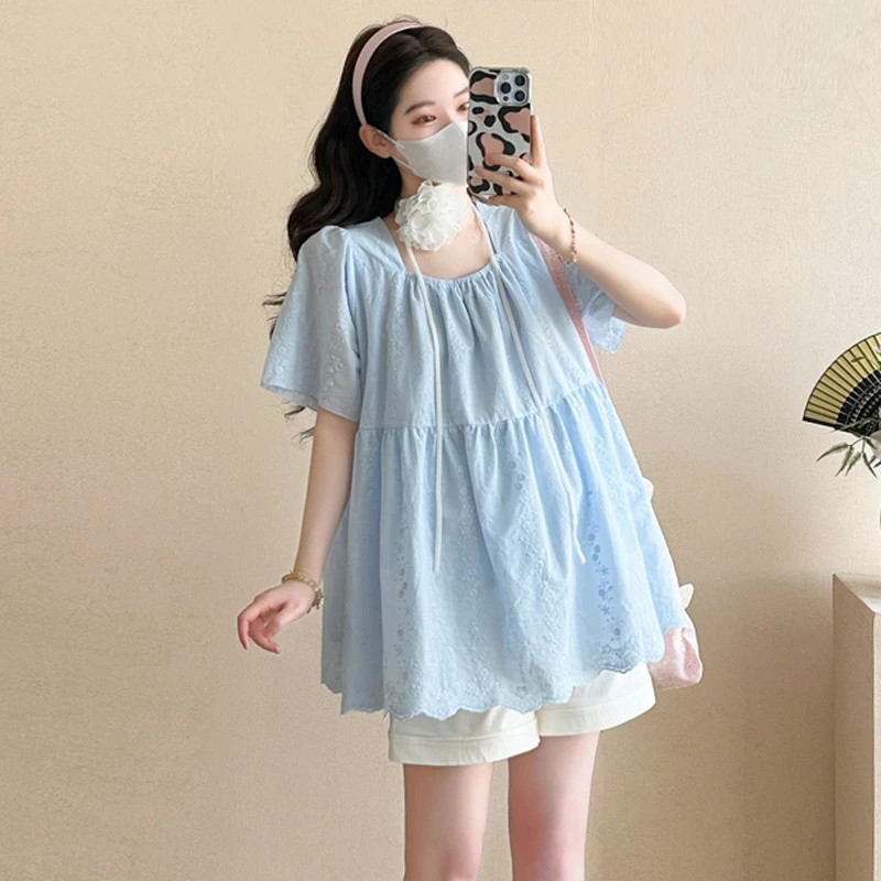 【伊伊】孕妇装2025夏季新款时尚孕妇韩版蕾丝刺绣减龄短袖娃娃衫
