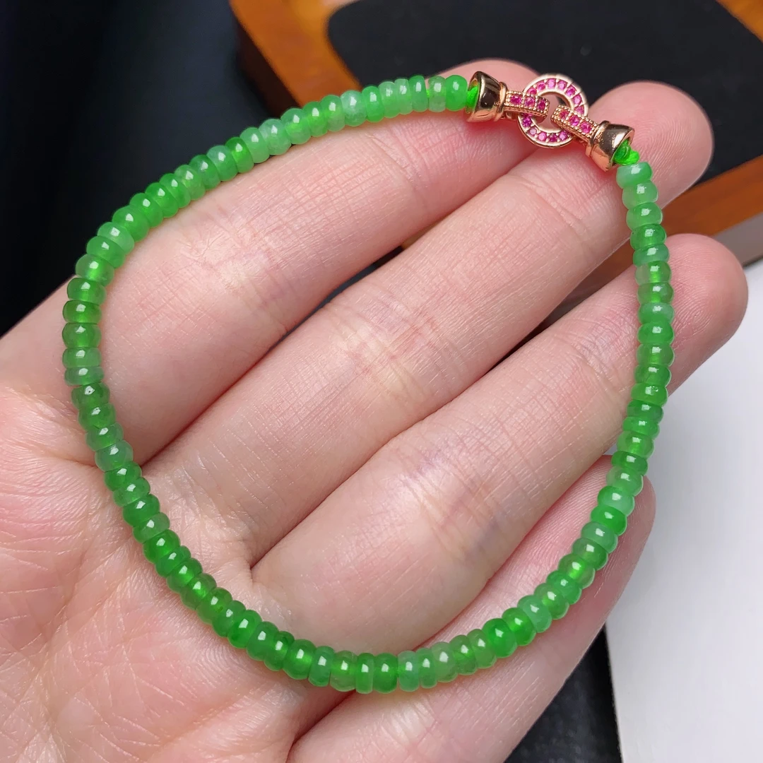 缅甸天然a货翡翠冰阳绿算盘珠手链卡3.9mm小米珠素款单圈