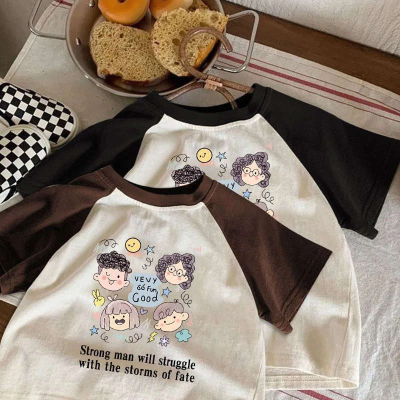 纯棉插肩短袖t恤男女童宝宝撞色拼色洋气上衣夏季儿童中小童圆领T