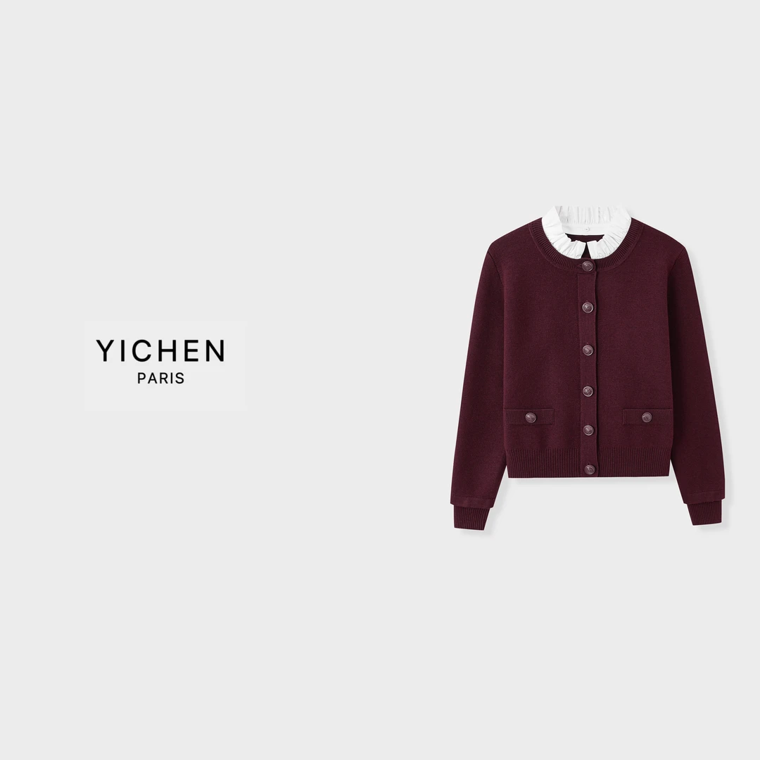 YC 酒红色拼接学院风单排扣针织假两件毛衣外套-2994