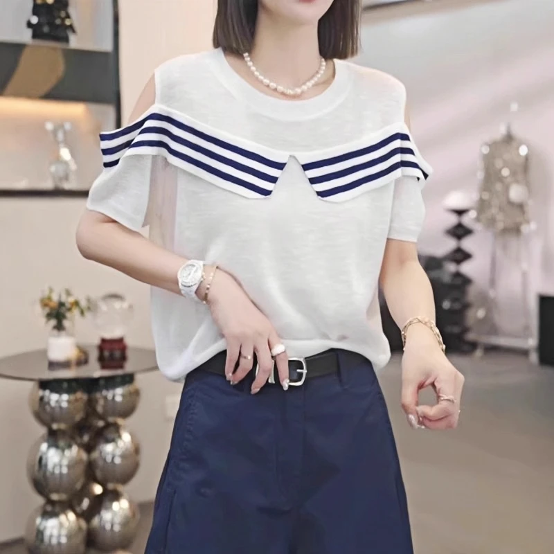 夏季新款拼接条纹镂空露肩设计感针织衫短袖女ins圆领气质上衣