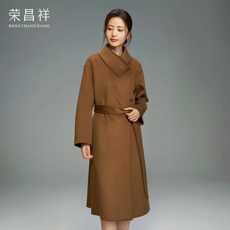 荣昌祥双面羊绒大衣女高端赫本风优雅气质马蹄莲领中长款毛呢外套