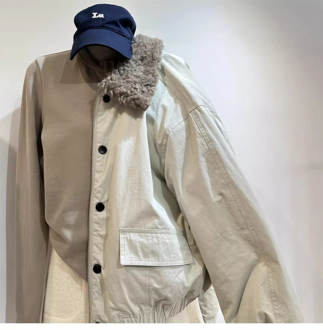 巴恩风羊羔毛翻领90白鸭绒工装外套女休闲时髦保暖短款派克羽绒服